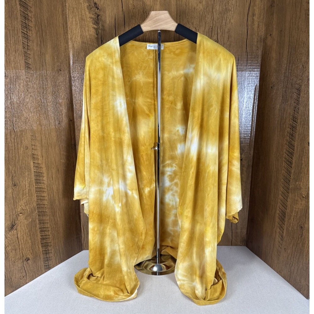 Myesper 2XL Mustard Yellow Tie Dye Kimono Cardigan Open Front Boho Festival USA